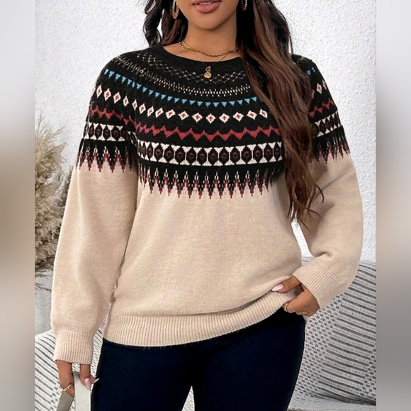 New Fair Isle Knit Sweater Top Pullover PLUS Cream Black Blue - Picture 6 of 8